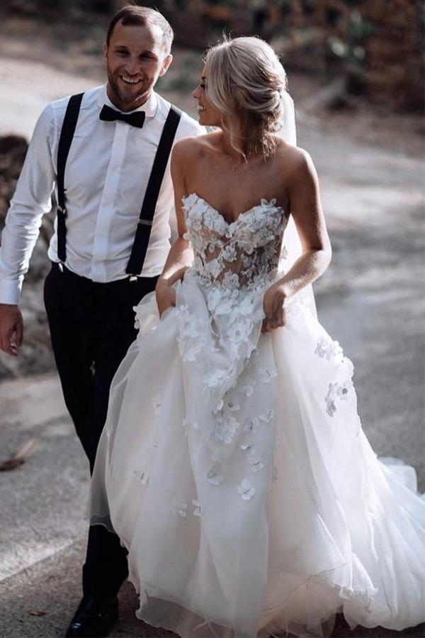 Romantic Floral Appliqued Boho Tulle A-line Sweetheart Wedding Dress, Simidress Romantic Floral Appliqued Boho Tulle A-line Sweetheart Wedding Dress, Simidress