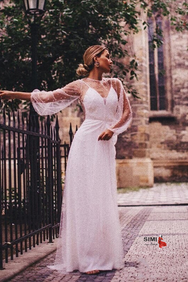 Romantic Tulle Pearls Long Sleeves See Through Boho Wedding Dresses, SW342 - Simidress