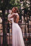 Find Romantic Tulle Pearls Long Sleeves See Through Boho Wedding Dresses, SW342 at www.simidress.com