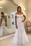 White Mermaid Off Shoulder Lace Floor Length Wedding Dresses, SW343