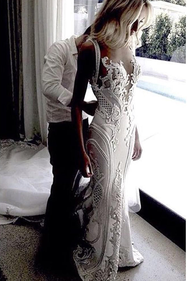 Luxurious Ivory Lace Open Back Mermaid V-neck Beach Wedding Dress, SW344 - Simidress.com