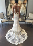 www.simidress.com - Luxurious Ivory Lace Open Back Mermaid V-neck Beach Wedding Dress, SW344
