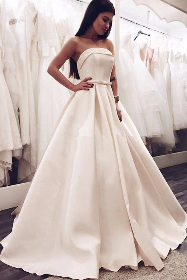 Elegant Vintage Satin Ball Gown Strapless Long Wedding Dresses with Bo Simidress Elegant Vintage Satin Ball Gown Strapless Long Wedding Dresses with Bo Simidress