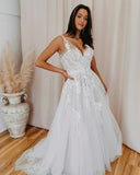 www.simidress.com supply Romantic White Tulle Lace A-line V-neck Wedding Dress With Appliques, SW347