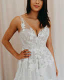 Order Romantic White Tulle Lace A-line V-neck Wedding Dress With Appliques, SW347 at www.simidress.com