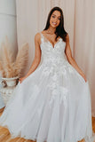 Romantic White Tulle Lace A-line V-neck Wedding Dress With Appliques, SW347