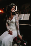 Beautiful Lace Long Sleeves Mermaid V-neck Open Back Wedding Dresses, SW348