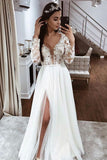 Find Lace Long Sleeves A-line V-neck Open Back Wedding Dress with Slit, SW349 at www.simidress.com