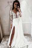 Lace Long Sleeves A-line V-neck Open Back Wedding Dress with Slit, SW349