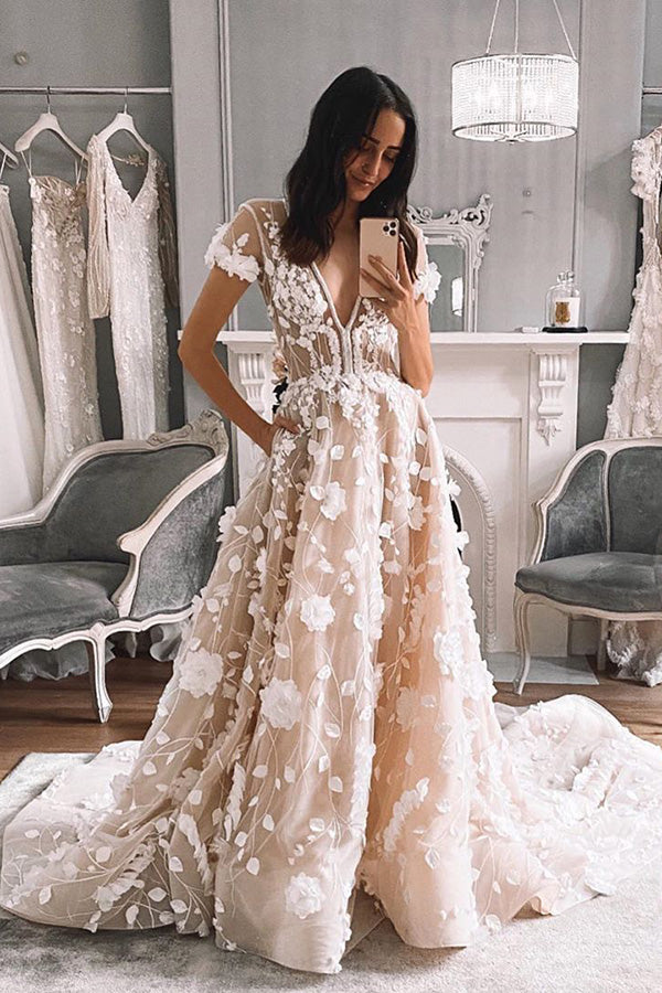 Gorgeous 3D Lace Ball Gown Cap Sleeves V-neck Wedding Dresses, SW350 Simidress Gorgeous 3D Lace Ball Gown Cap Sleeves V-neck Wedding Dresses, SW350 Simidress