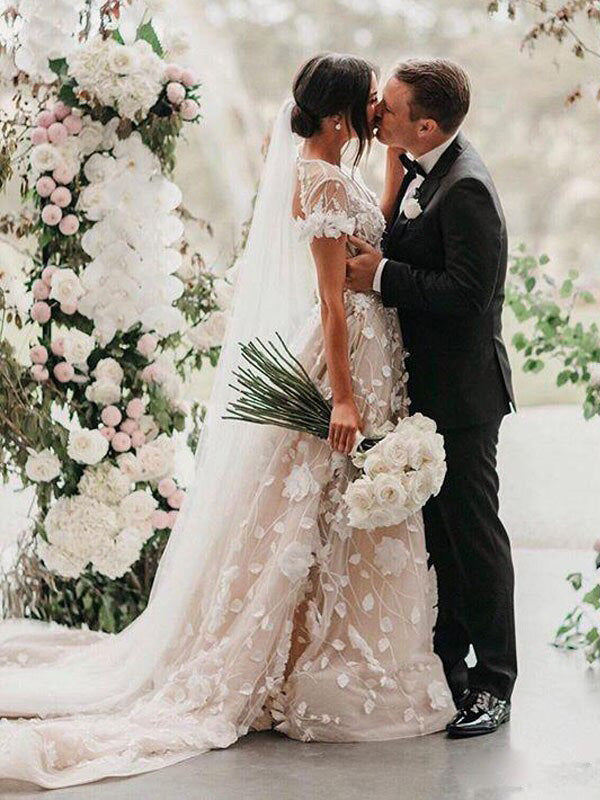 Find Gorgeous 3D Lace Ball Gown Cap Sleeves V-neck Wedding Dresses, SW350 at www.simidress.com