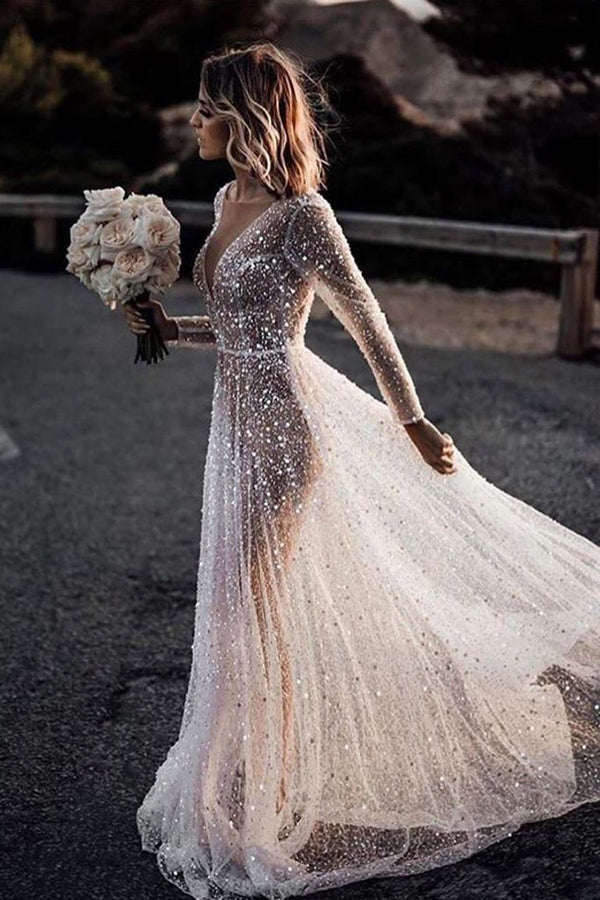 A-line See Through V Neck Long Sleeves Wedding Dress SW353 Simidress
