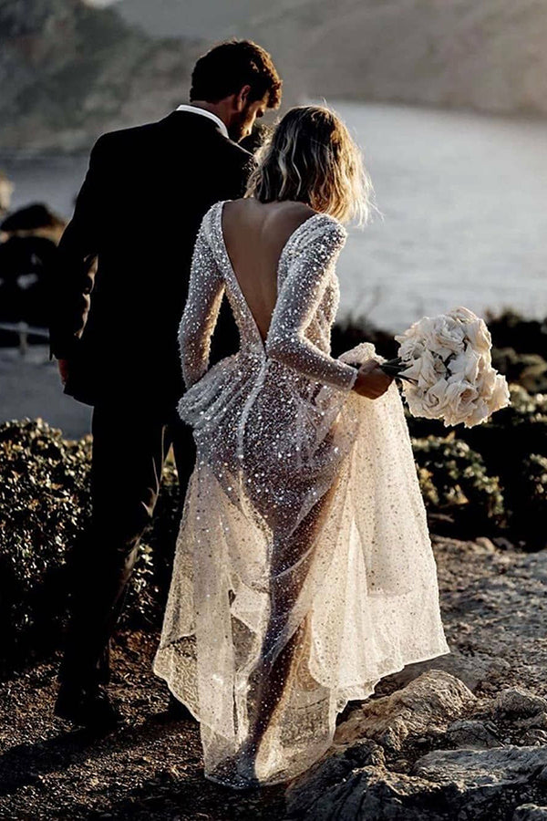 Sparkly See Through V Neck Long Sleeves Wedding Dresses, SW353 | lace wedding dresses | white wedding dresses | bridal gowns | buy wedding dresses online | wedding store near me | Sequins Wedding Dresses | See Through Wedding Dresses | Wedding Dresses Long Sleeves | Simidress