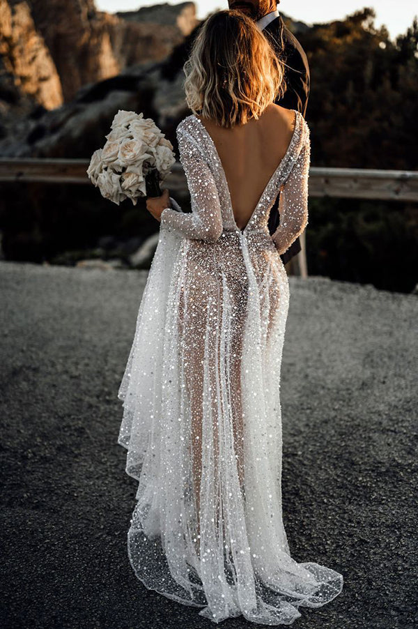 Long Sleeve V-Neck See Through Backless Lace Applique Slit Tulle