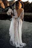 Affordable Bling A-line See Through Deep V Neck Long Sleeves Bridal Gowns, Wedding Dresses, SW353 | lace wedding dresses | white wedding dresses | bridal gowns | buy wedding dresses online | wedding store near me | Sequins Wedding Dresses | See Through Wedding Dresses | Wedding Dresses Long Sleeves | Simidress