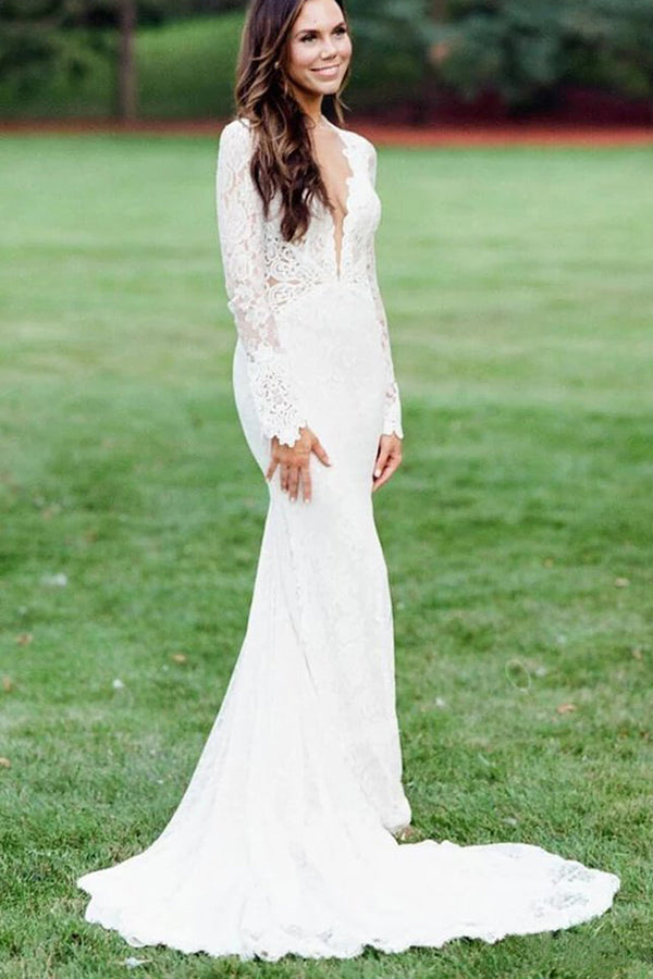 Ivory Long Sleeves Lace Mermaid Wedding Dresses, SW356