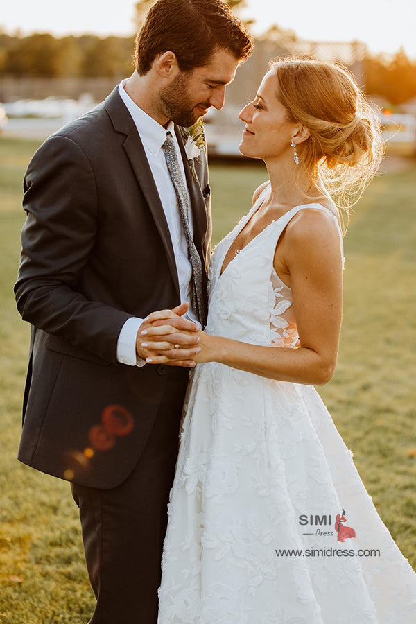 Ivory A-line V-neck Appliqued Wedding Dresses with Train, SW358 | Weddings | wedding dresses | bridal gowns | wedding gowns | wedding 2020 | lace wedding dresses | white wedding dresses | Ivory wedding dresses | mermaid wedding dresses | wedding dresses cheap | wedding party dresses | boho wedding dresses | simple wedding dresses | wedding dresses near me | wedding ideas | beach wedding dresses | wedding dresses online | Simidress