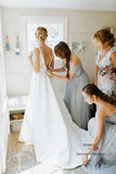Floral Lace Ivory A-line V-neck Appliqued Wedding Dresses with Train, SW358