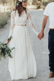 White Lace A-line Two Piece Long Sleeves Wedding Dresses with Button, SW359