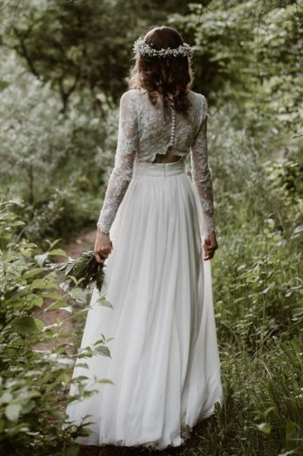 White Lace Two Piece Long Sleeves Wedding Dresses with Button, SW359 | Weddings | wedding dresses | bridal gowns | wedding gowns | wedding 2020 | lace wedding dresses | white wedding dresses | Ivory wedding dresses | mermaid wedding dresses | wedding dresses cheap | wedding party dresses | boho wedding dresses | simple wedding dresses | wedding dresses near me | wedding ideas | beach wedding dresses | wedding dresses online | Simidress