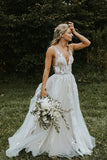 Ivory A-line V-neck Tulle Wedding Dresses Bridal Gowns With Appliques, SW360