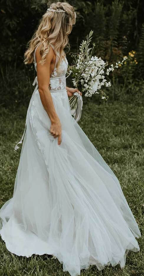 Ivory A-line V-neck Tulle Wedding Dresses Bridal Gowns With Appliques, SW360 | wedding dresses online | wedding gowns | wedding dress | bridals | Simidress.com