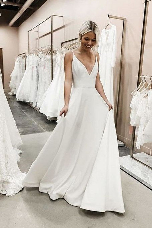 Satin A-line Simple Wedding Dresses With Pockets SW558 | Simidress