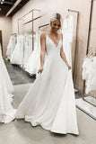 Simple Soft Satin A-line V-neck Spaghetti Straps Long Wedding Dresses, SW362