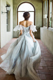 Unique Grey Blue Off-the-Shoulder Long Prom Dresses, Wedding Dresses, SW363