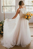 Ivory Tulle Lace A-Line Round Neck Wedding Dress With Sweep Train, SW364