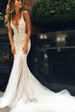 Luxurious Ivory Tulle Lace Mermaid Deep V-neck Wedding Dresses, SW375 | wedding dresses | bridal gowns | mermaid wedding dresses | cheap wedding dresses | lace wedding dresses | wedding gowns | wedding dresses online | wedding dresses near me | Simidress