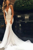 Luxurious Ivory Tulle Lace Mermaid Deep V-neck Wedding Dresses, SW375