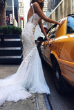 Ivory Lace Mermaid Deep V-neck Wedding Dresses, SW375 | wedding dresses | bridal gowns | mermaid wedding dresses | cheap wedding dresses | lace wedding dresses | wedding gowns | wedding dresses online | wedding dresses near me | Simidress