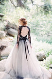 Black Lace A-line V-neck Long Sleeves Wedding Dresses, Bridal Gowns, SW367