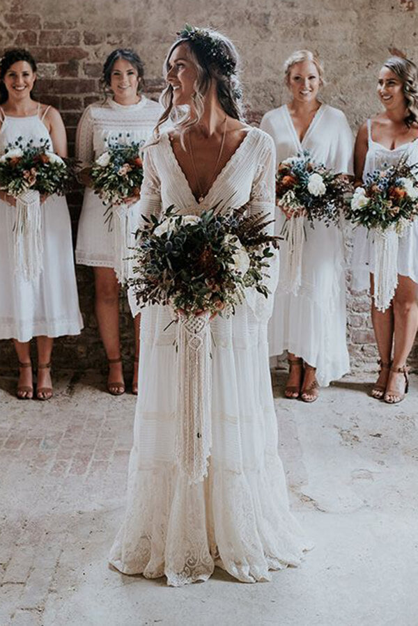 white long sleeve bridesmaid dresses Lace Long Sleeves A Line V Neck Wedding Dresses, SW368