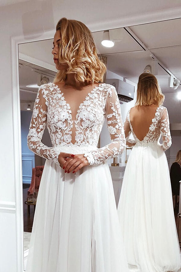 Elegant A Line V Neck Ivory Wedding Dresses With Pockets Open Back Sat –  Rjerdress