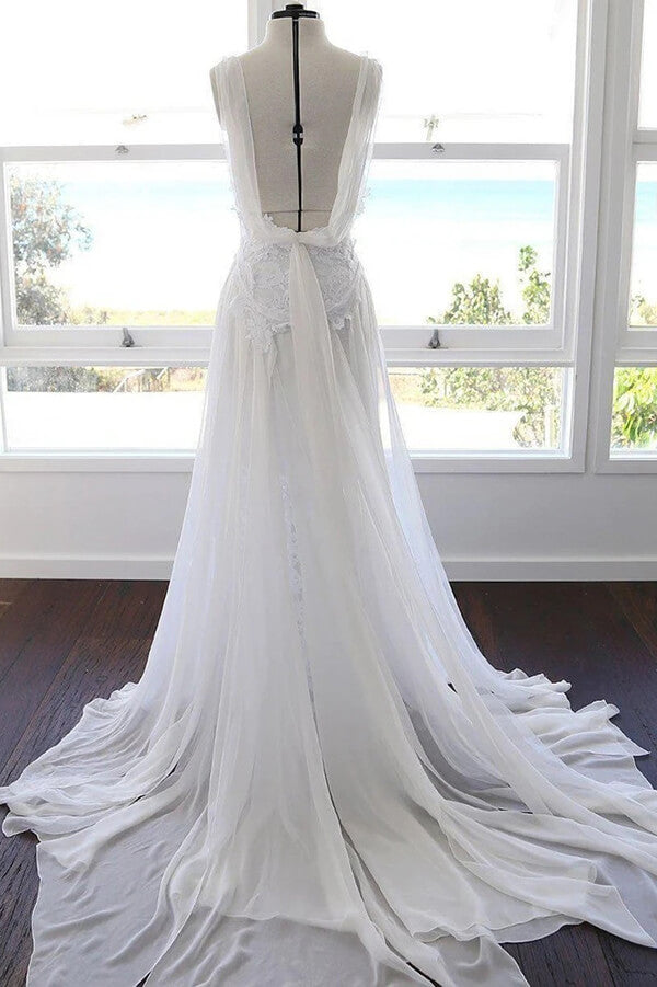 White Lace Chiffon Spaghetti Straps Beach Wedding Dresses, SW372 | wedding dresses white | chiffon wedding dresses | lace wedding dresses | cheap wedding dresses | wedding gowns | bridals | wedding dresses near me | wedding dresses online | Simidress