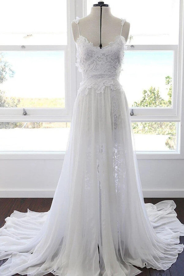 Beautiful White Lace Chiffon Beach Wedding Dresses with Slit, SW372 | wedding dresses white | chiffon wedding dresses | lace wedding dresses | cheap wedding dresses | wedding gowns | bridals | wedding dresses near me | wedding dresses online | Simidress