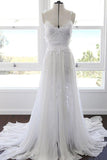 Beautiful White Lace Chiffon Spaghetti Straps Beach Wedding Dresses, SW372