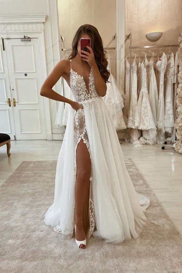 Spaghetti Strap Lace Mermaid Wedding Dress with Detachable Overskirt V –  Viniodress