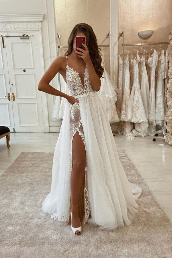 Ivory Spaghetti Straps V-neck Wedding Dresses with Detachable Skirt, SW373 | wedding dresses online | ivory wedding dresses | lace wedding dresses | cheap wedding dresses | wedding dresses near me | wedding dresses stores | bridals | wedding gowns | wedding insparations | wedding ideas | Simidress.com
