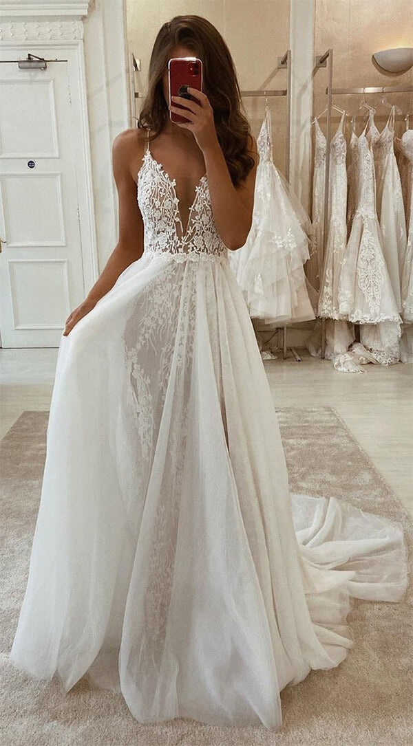 Ivory A-line V-neck Wedding Dresses with Detachable Skirt, SW373 | wedding dresses online | ivory wedding dresses | lace wedding dresses | cheap wedding dresses | wedding dresses near me | wedding dresses stores | bridals | wedding gowns | wedding insparations | wedding ideas | Simidress.com