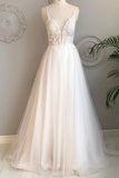 White Tulle Lace A-line Spaghetti Straps Beach Wedding Dresses, SW374