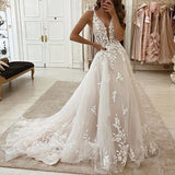 Elegant Ivory Tulle Ball Gown V-neck Wedding Dresses with Appliques, SW378 | wedding dresses | ball gowns | ivory wedding dresses | cheap wedding dresses | bridal dresses | bridals | wedding dresses online | simidress.com