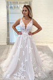 Elegant Ivory Tulle Ball Gown V-neck Wedding Dresses with Appliques, SW378