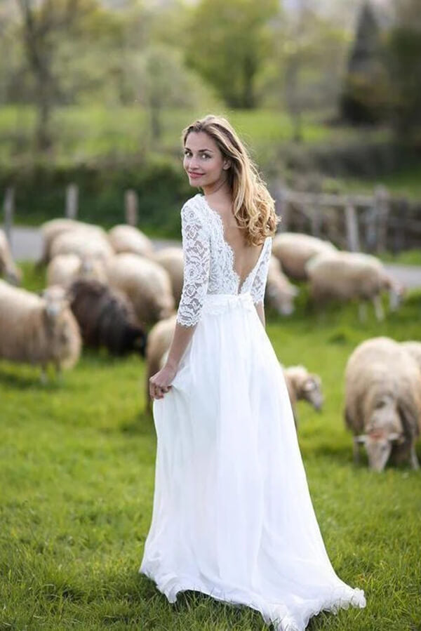 Ivory Lace 3/4 Sleeves Chiffon Beach Wedding Dress, SW380 | Simidress Ivory Lace 3/4 Sleeves Chiffon Beach Wedding Dress, SW380 | Simidress