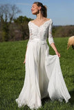 Ivory Top Lace 3/4 Sleeves Chiffon Beach Wedding Dresses, Bridal Dress, SW380 | bridal gowns | wedding dresses | cheap wedding dresses | lace wedding dresses | simidress.com