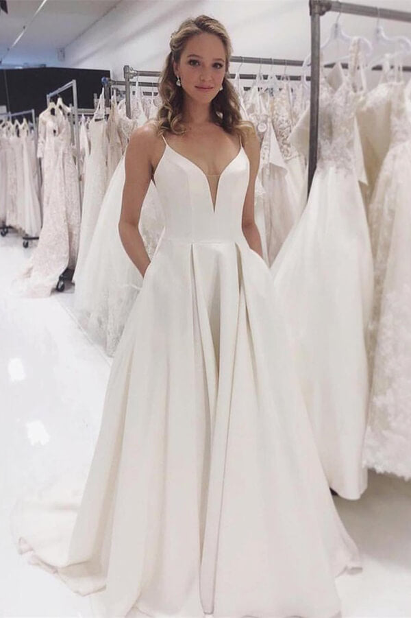 White Spaghetti Straps Wedding Dresses With Pockets, SW381