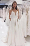 Simple White Spaghetti Straps V-neck Wedding Dresses With Pockets, SW381