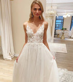 Ivory Tulle A-line V-Neck Sweep Train Wedding Dresses With Flowers, SW382 | wedding dress | bridal dresses | white wedding dresses | Simidress.com